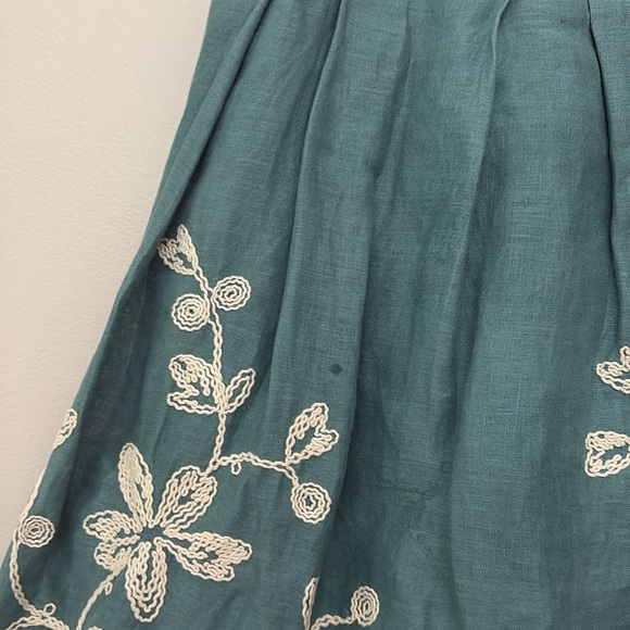 Talbots Floral Embroidered Pleated Skirt 100% Linen Teal Lined Cottagecore Sz 14 - Picture 6 of 13